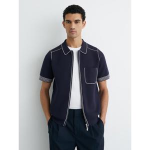 REISS Bruno Navy Sleeve-Trim Half-Zip Polo Shirt